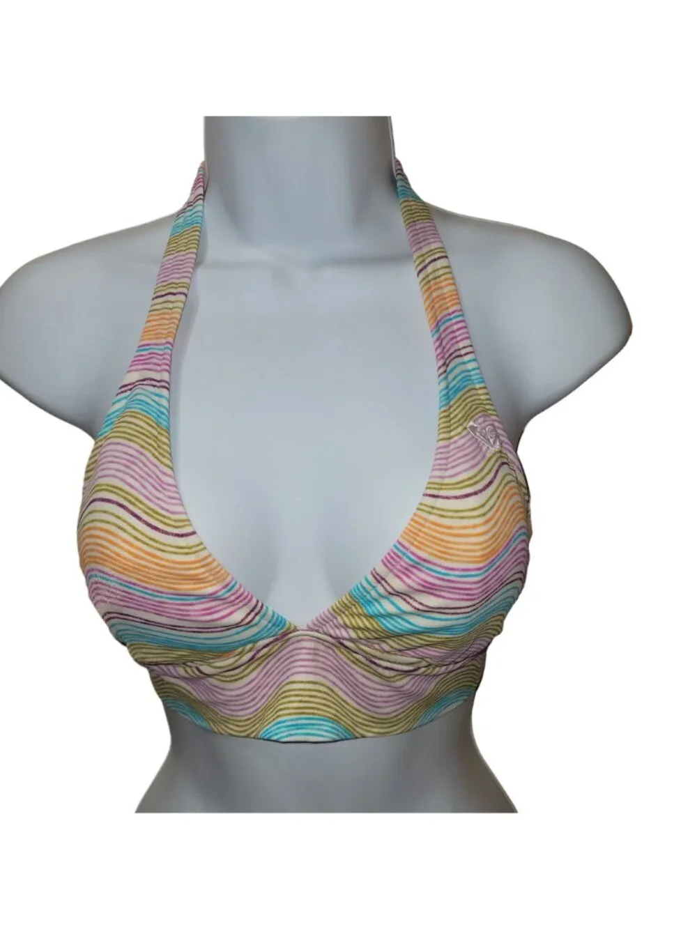 Roxy Women's Medium Multicolor Stripe Triangle Halter Bikini Top Surf Beach Swim - Picture 2 of 10